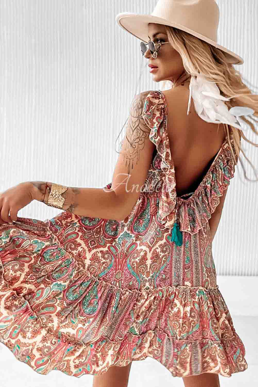 Brown Paisley Print Sleeveless V-Neck Tassel Backless Ruffle Dress Dresses JT's Designer Fashion