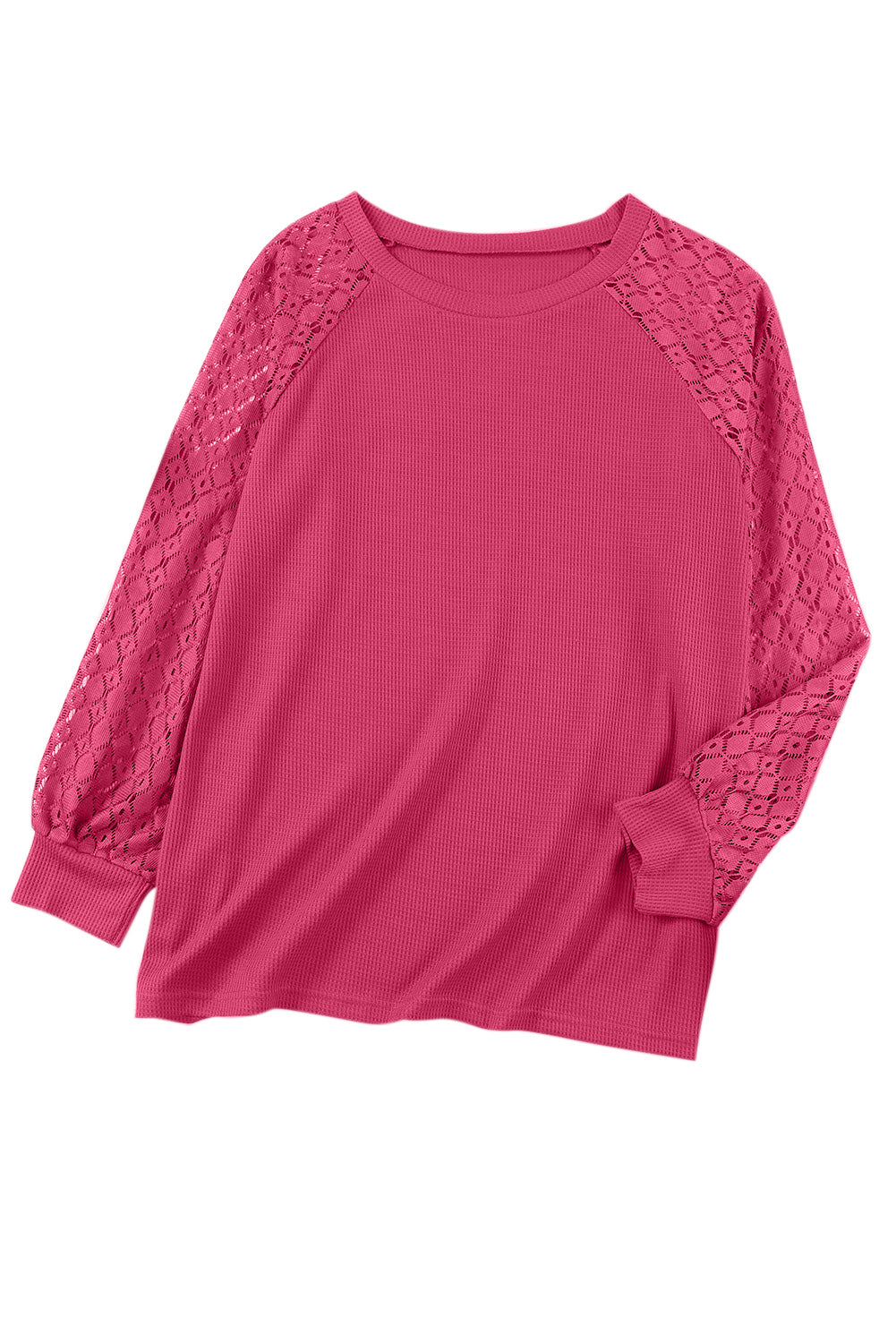 Strawberry Pink Plus Size Contrast Lace Sleeve Waffle Knit Top Pre Order Plus Size JT's Designer Fashion