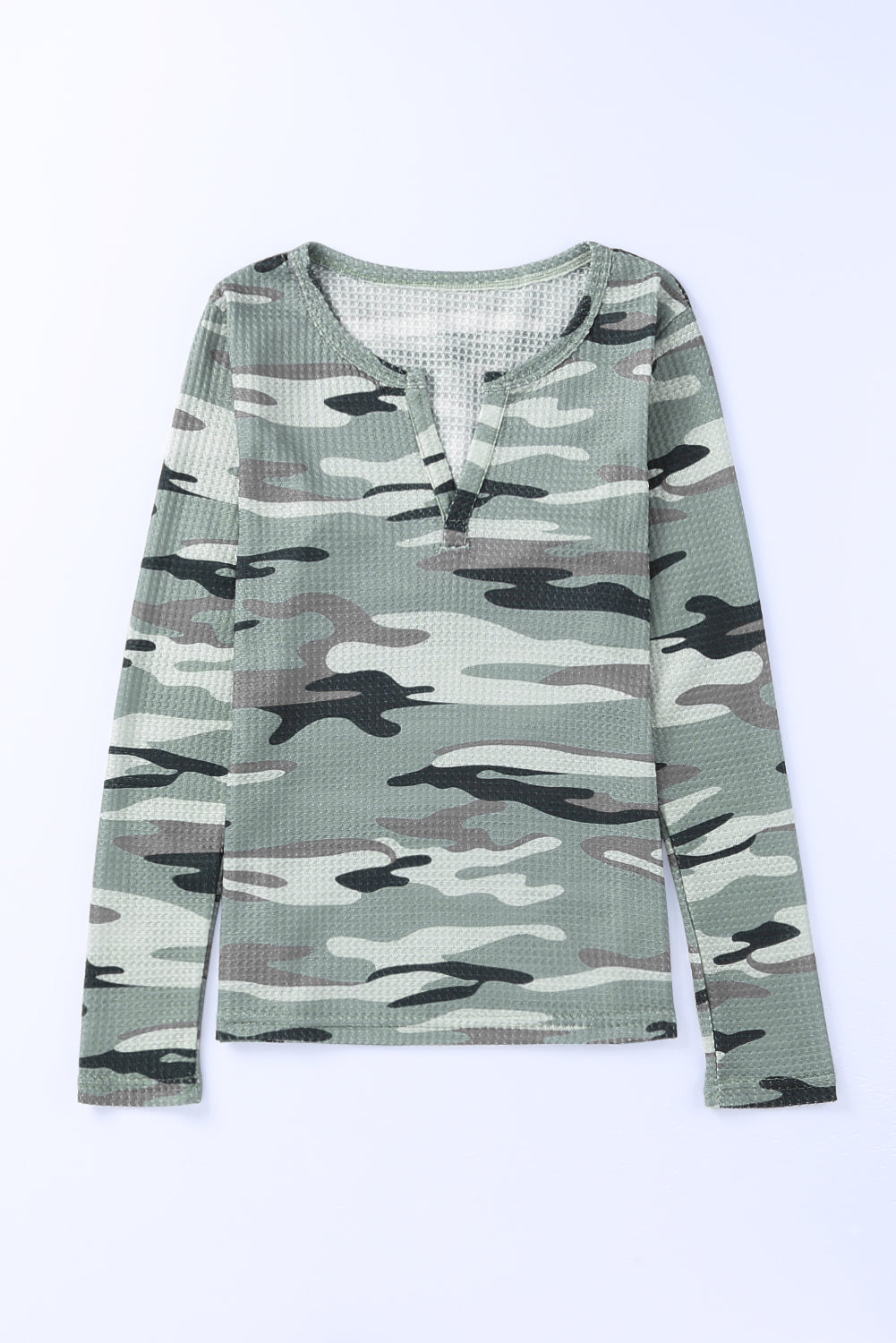 Green Camouflage Waffle Knit V Neck Top Long Sleeve Tops JT's Designer Fashion