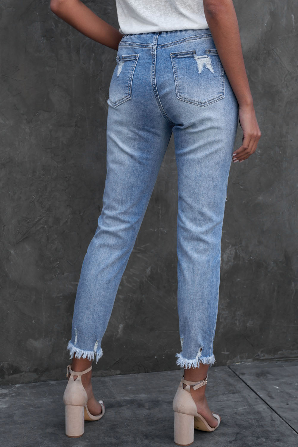 Light Blue Elastic Waist Straight Leg Destroyed Raw Hem Jeans Jeans JT's Designer Fashion