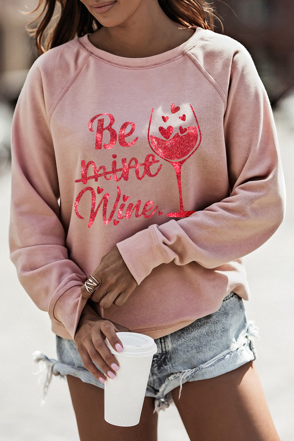 Pink Be mine wine Shining Graphic Print Sweatshirt Pink 62.7%Polyester+37.3%Cotton Graphic Sweatshirts JT's Designer Fashion