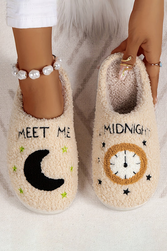 Parchment Moon & Clock Pattern Fuzzy Home Slippers Slippers JT's Designer Fashion