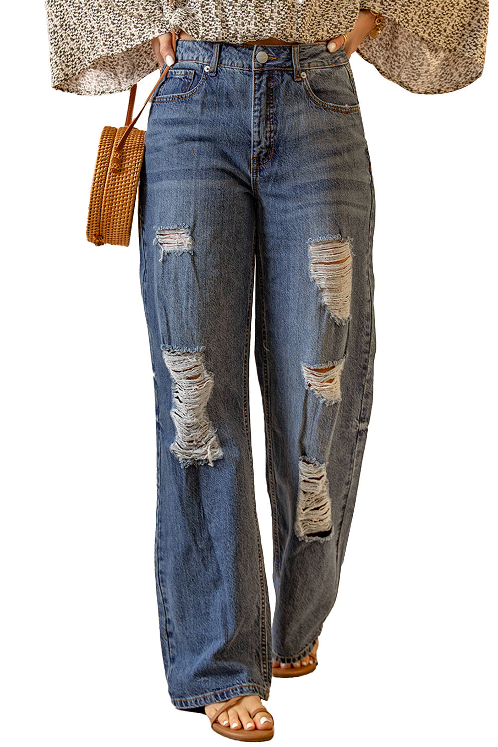 Blue Distressed Ripped Slits Wide Leg Jeans Jeans JT's Designer Fashion