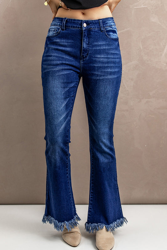 Blue Deep Wash High Waist Raw Edge Flare Jeans Blue Jeans JT's Designer Fashion