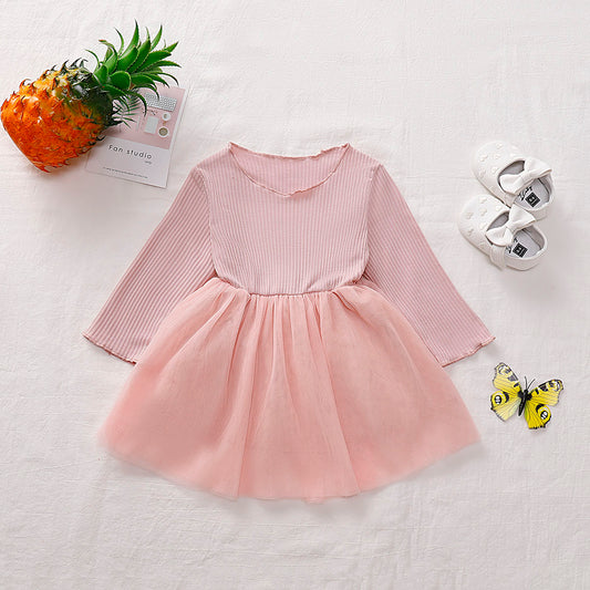 Girls Round Neck Ribbed Tulle Dress Peach Girls Dresses JT's Designer Fashion