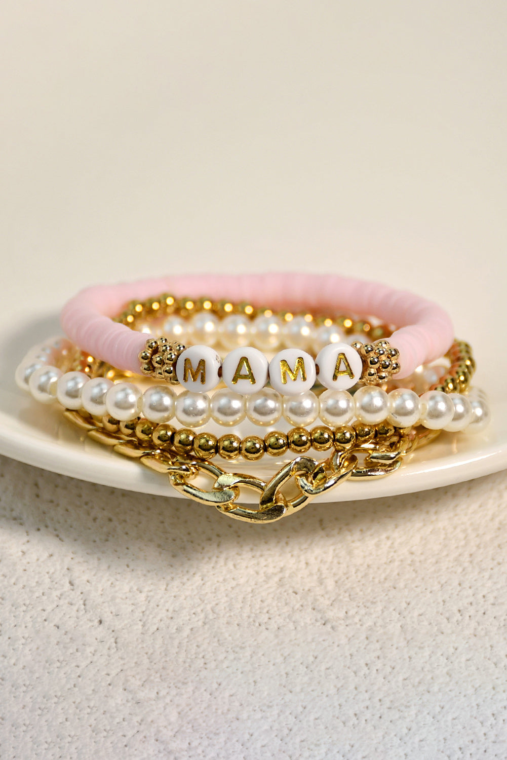 Gold 4PCS MAMA Pearls Beaded Chain Bracelets Set Jewelry JT's Designer Fashion