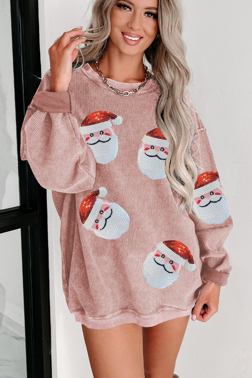 Pink Sequined Santa Claus Corded Christmas Sweatshirt Graphic Sweatshirts JT's Designer Fashion