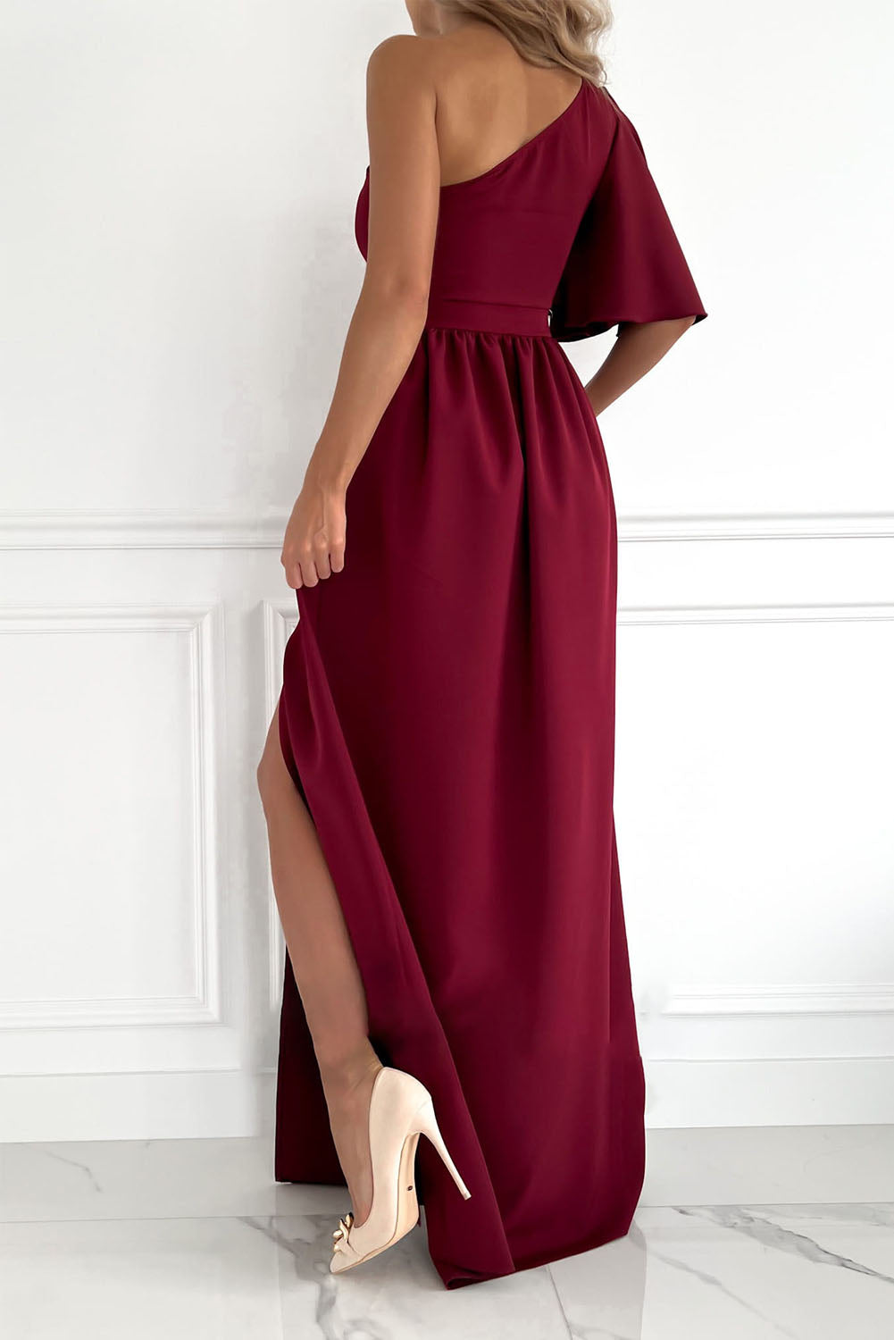 Rose One Shoulder Ruffle Sleeve Maxi Dress with Slit Dresses JT's Designer Fashion
