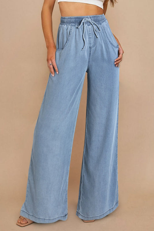 Blue Drawstring Waist Wide Leg Tencel Denim Pants Blue-2 66.5%Lyocell+23.9%Polyester+8.2%Cotton+1.4%Elastane Jeans JT's Designer Fashion
