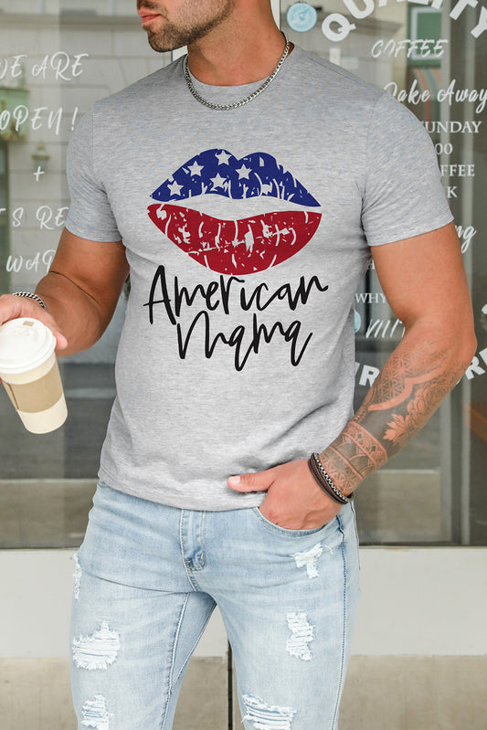 Gray America Mama Flag Lip Print Men's Graphic T-shirt Men's Tops JT's Designer Fashion