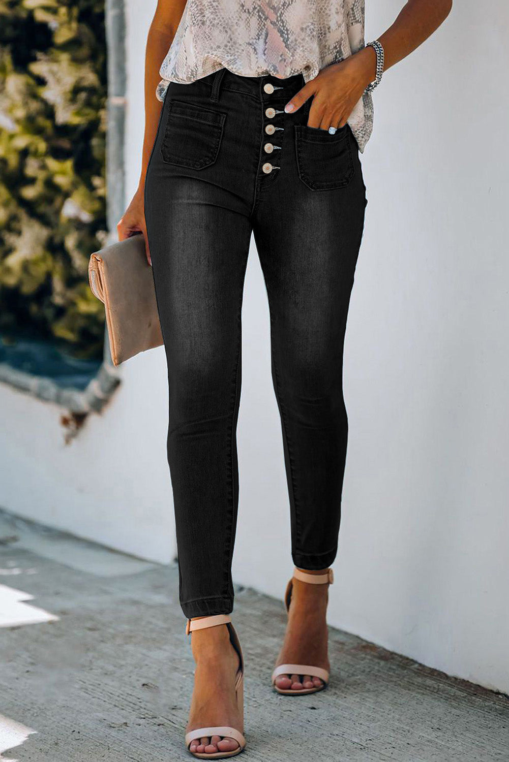 Black Button Fly Skinny Jeans with Pockets Black Jeans JT's Designer Fashion