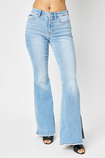 Judy Blue Full Size Mid Rise Raw Hem Slit Flare Jeans Medium Jeans JT's Designer Fashion
