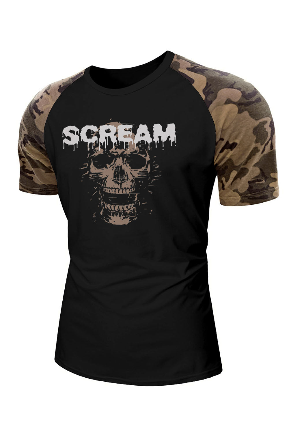 Black SCREAM Skull Camo Print Raglan Sleeve Men's Graphic Tee Men's Tops JT's Designer Fashion