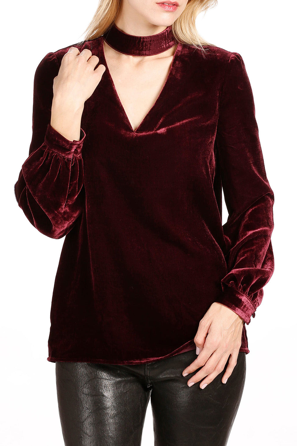 Biking Red Choker Neck Hollow-out Velvet Blouse Blouses & Shirts JT's Designer Fashion