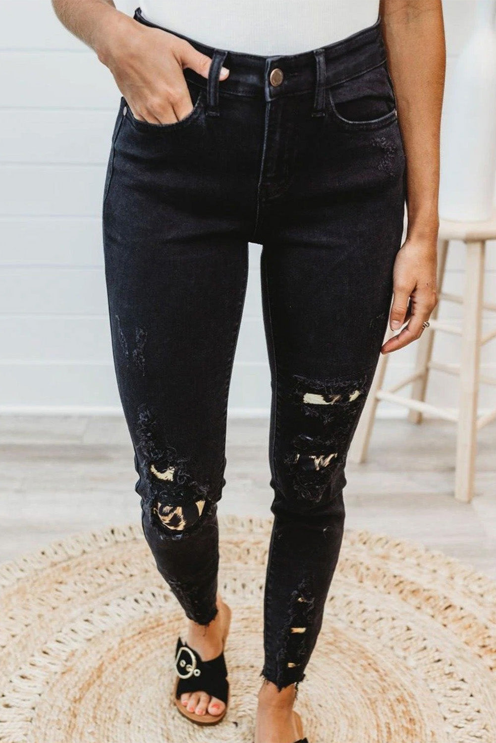 Leopard Patchwork Distressed Skinny Jeans Jeans JT's Designer Fashion