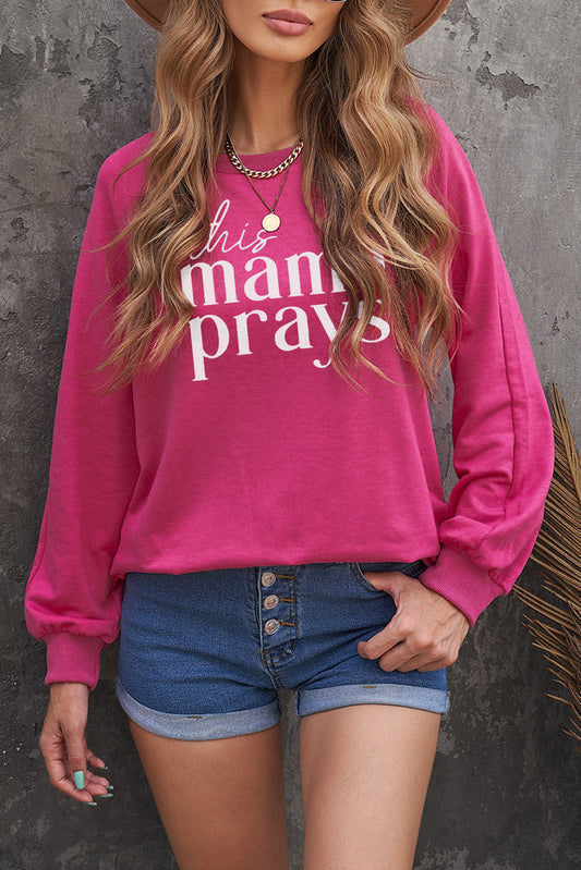 Rose This Mama Prays Letter Print Oversized Pullover Sweatshirt Rose 95%Polyester+5%Spandex Graphic Sweatshirts JT's Designer Fashion