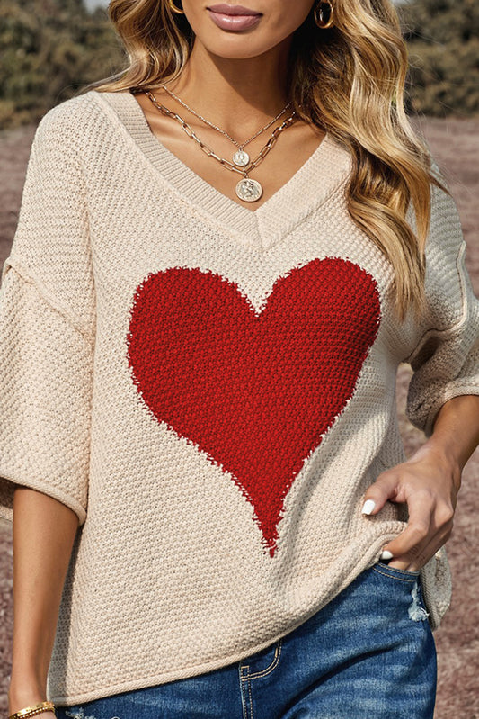 Beige V-neck Dropped Sleeve Heart Print Slouchy Shift Sweaters Beige 55%Acrylic+45%Cotton Long Sleeve Tops JT's Designer Fashion