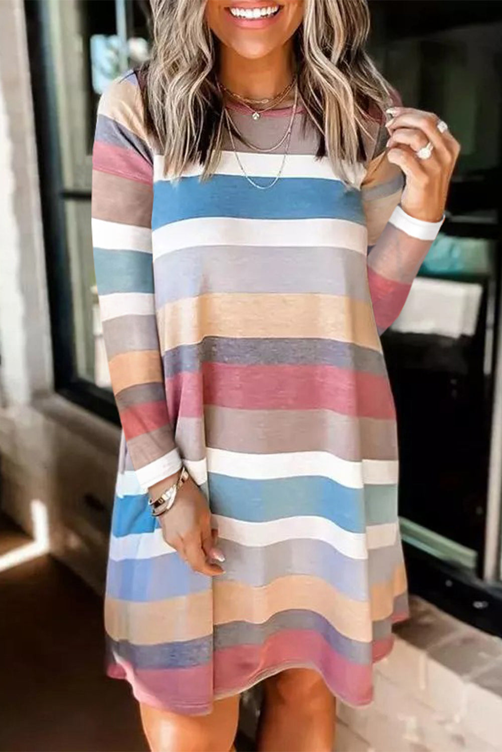 Rainbow Long Sleeve Stripes Mini Dress Mini Dresses JT's Designer Fashion