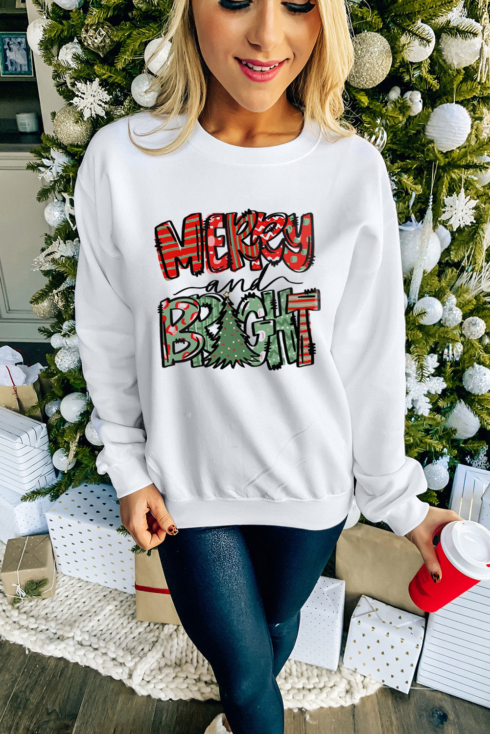 White Merry Bright Christmas Graphic Print Pullover Sweatshirt Graphic Sweatshirts JT's Designer Fashion
