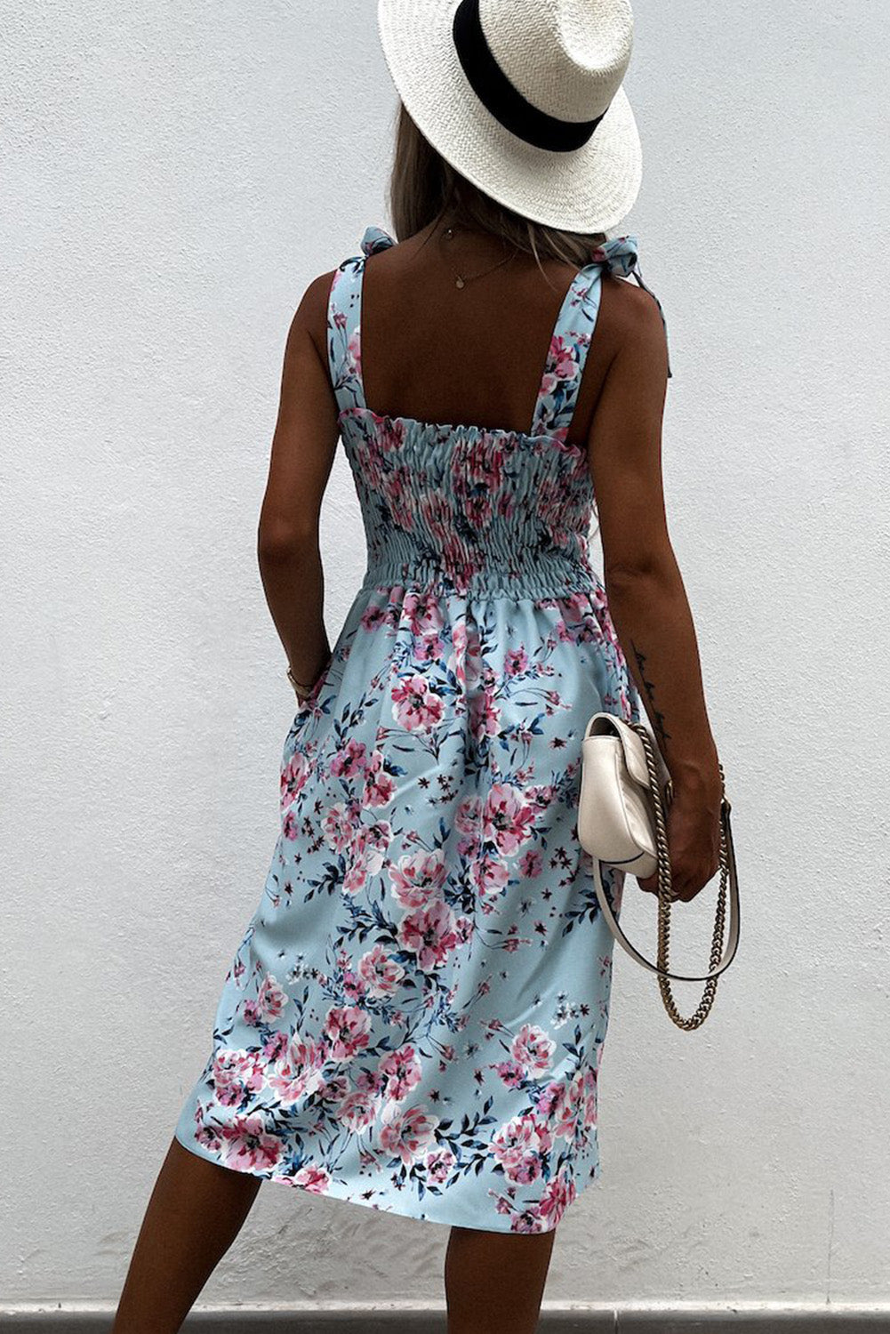 Sky Blue Tie Straps Smocked Floral Dress Floral Dresses JT's Designer Fashion