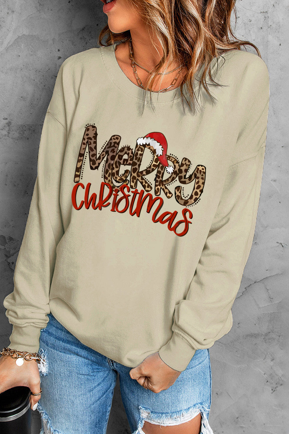 Khaki Merry Christmas Hat Leopard Print Graphic Sweatshirt Graphic Sweatshirts JT's Designer Fashion