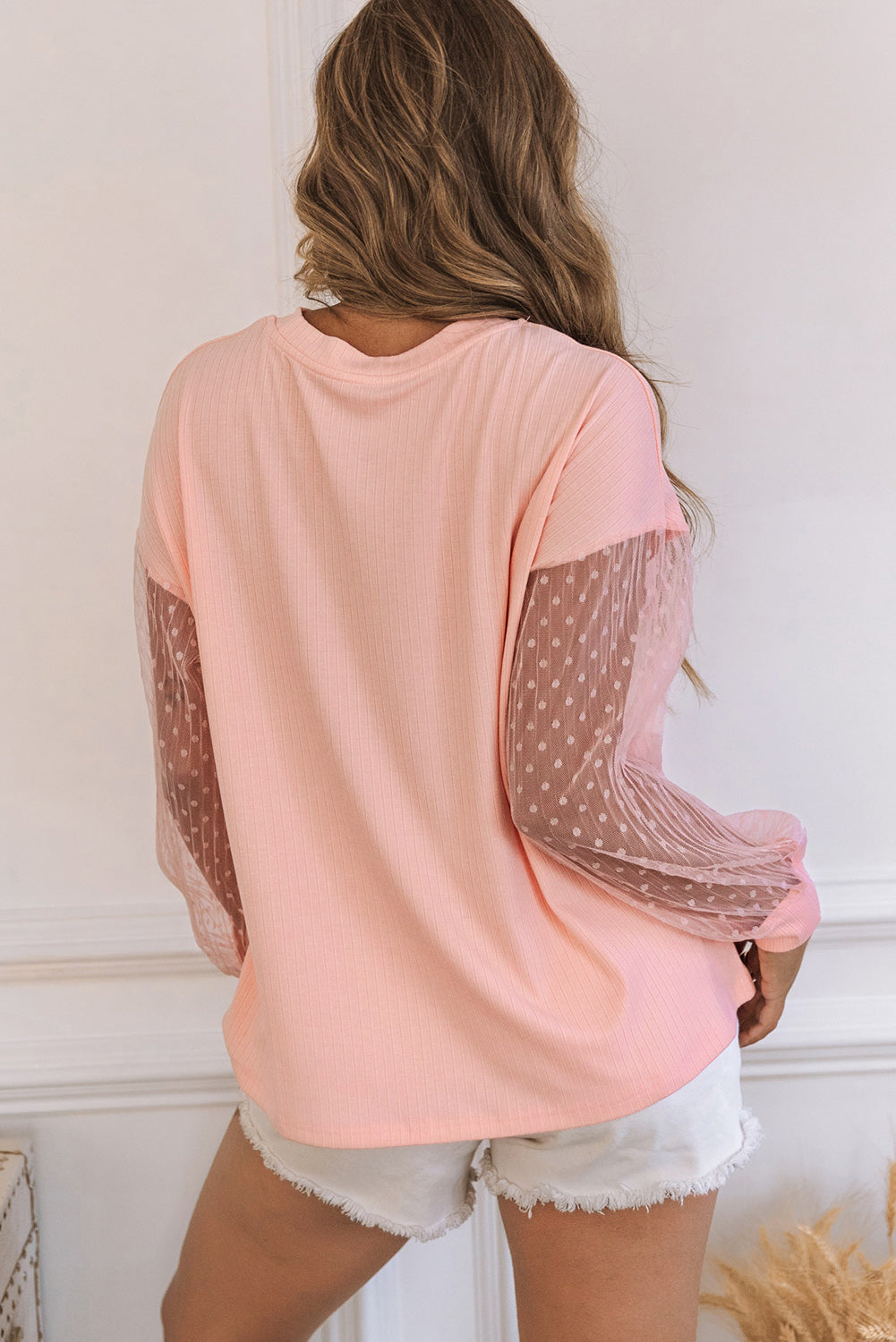 Pink Polka Dot Mesh Patchwork Long Sleeve Top Long Sleeve Tops JT's Designer Fashion