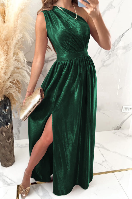 Green Shiny Velvet One Shoulder Long Split Dress Green 95%Polyester+5%Elastane Evening Dresses JT's Designer Fashion