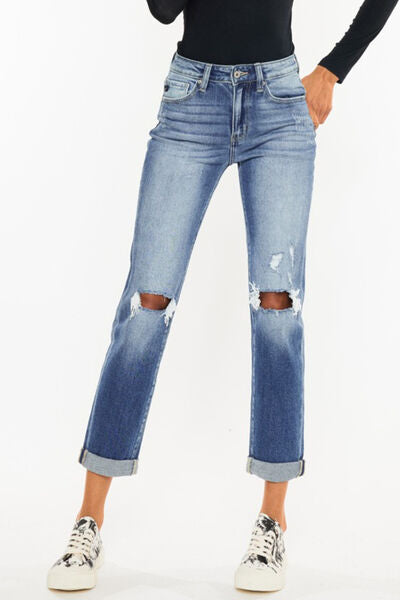 Kancan High Waist Distressed Hem Detail Cropped Straight Jeans Medium Jeans JT's Designer Fashion