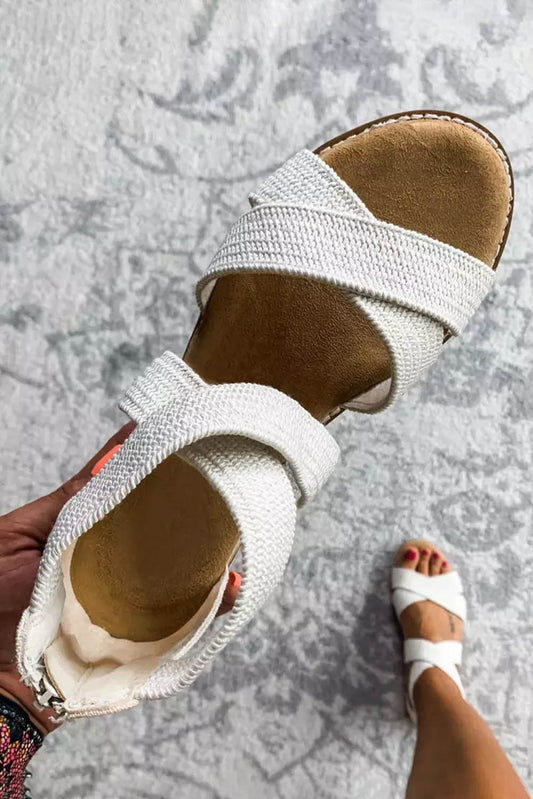 Beige Criss Cross Strappy Zipped Low Wedge Sandals Sandals JT's Designer Fashion