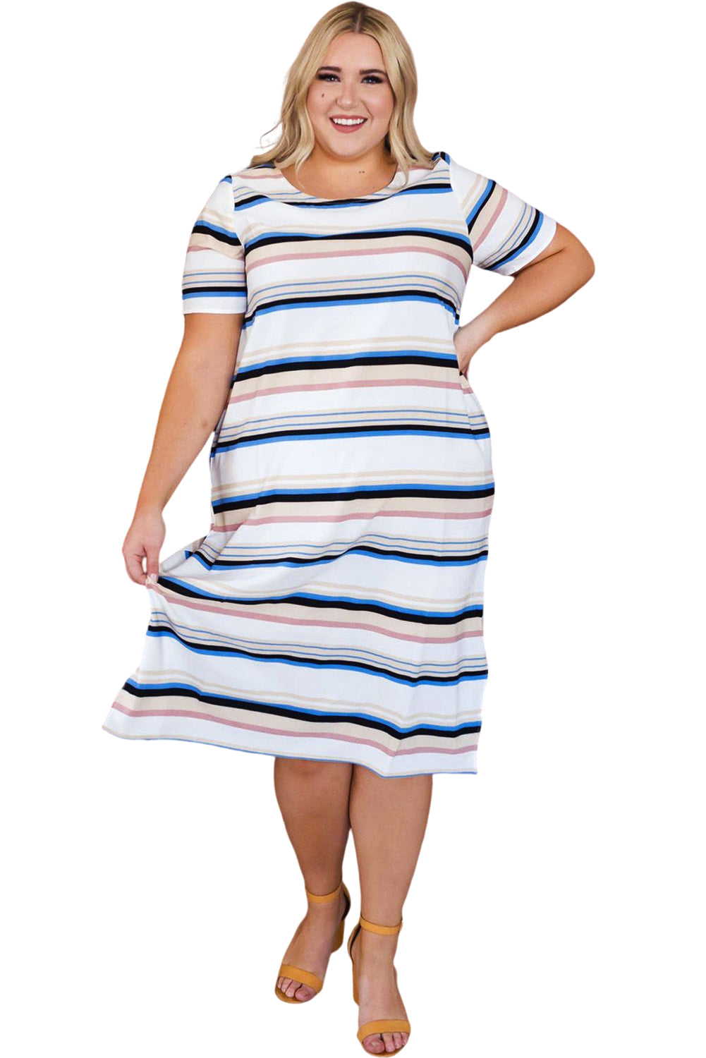 Striped Print Splits Short Sleeve Plus Size Midi Dress Plus Size Dresses JT's Designer Fashion