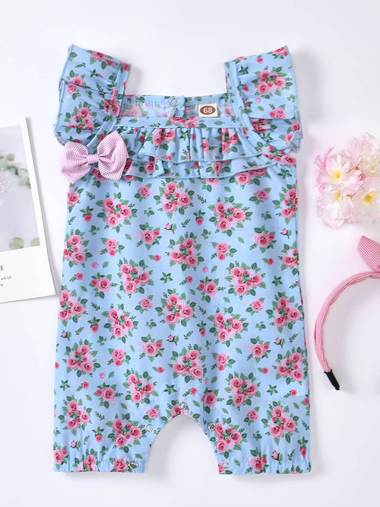Baby Girl Printed Bow Detail Square Neck Romper Pastel Blue Baby JT's Designer Fashion