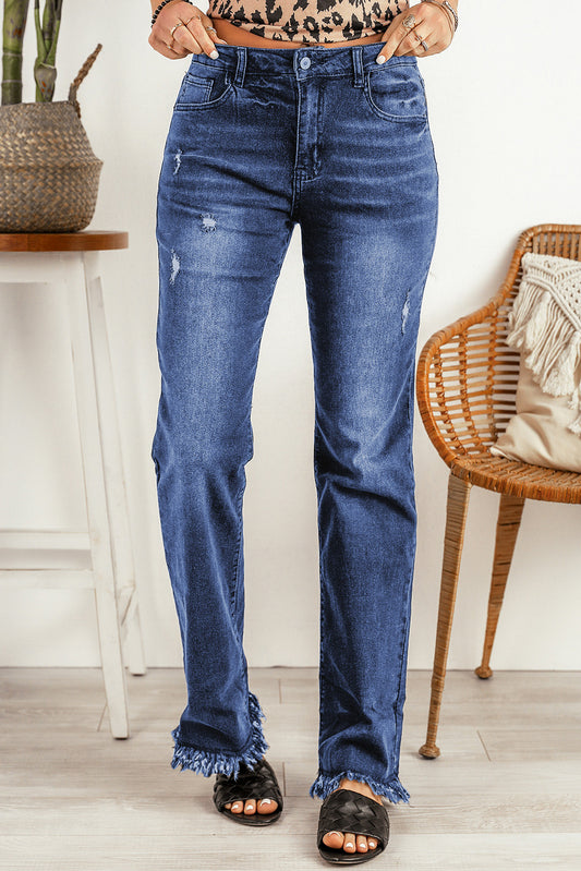 Blue Raw Hem Straight Leg Jeans Blue 72%cotton+26%Polyester+2%Elastane Jeans JT's Designer Fashion
