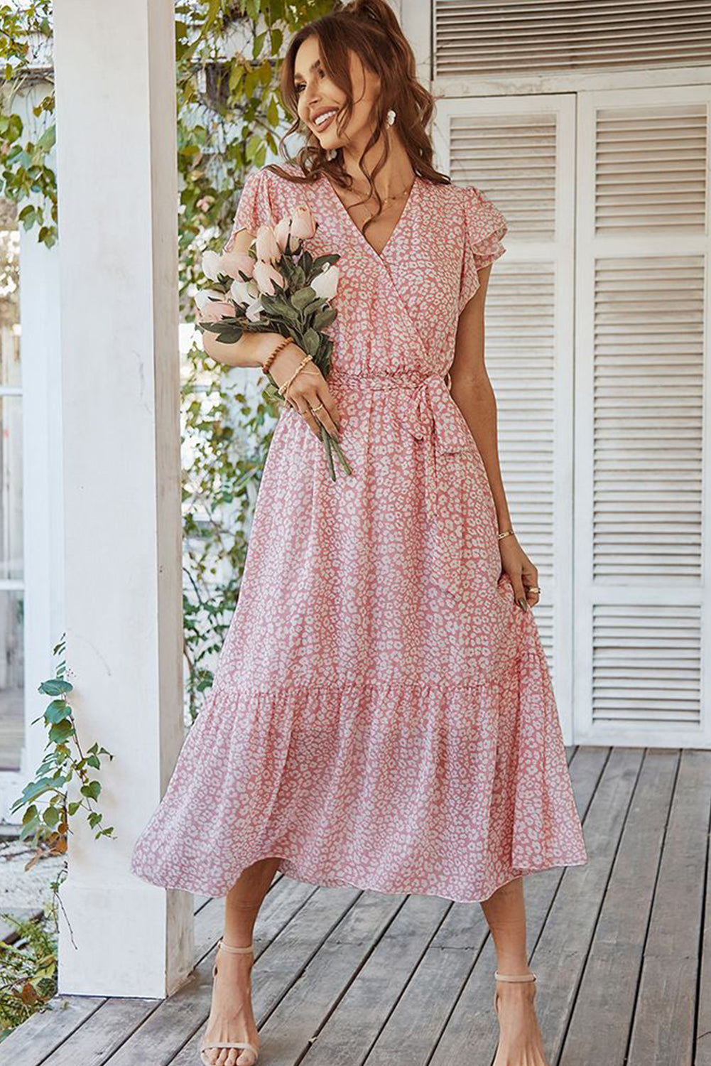 Pink Leopard Surplice Ruffled Sleeve Tiered Long Dress Maxi Dresses JT's Designer Fashion
