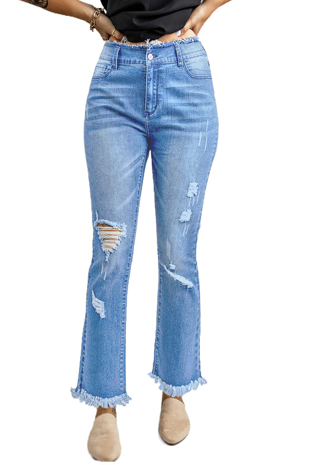 Sky Blue Frayed Ripped High Waist Flare Jeans Jeans JT's Designer Fashion