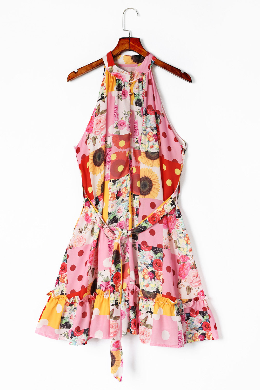 Multicolor Floral Polka Dot Print Belted Ruffled Sleeveless Mini Dress Floral Dresses JT's Designer Fashion