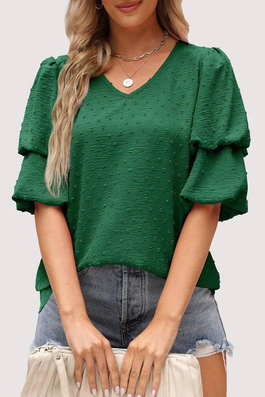 Green Swiss Dot Double Puff Sleeve Blouse Blouses & Shirts JT's Designer Fashion