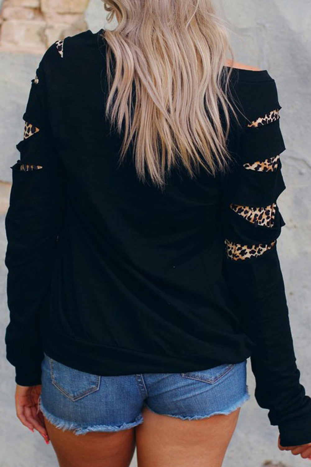 Black Leopard Rhinestone Heart Graphic Slash Sleeve Sweatshirt Graphic Sweatshirts JT's Designer Fashion
