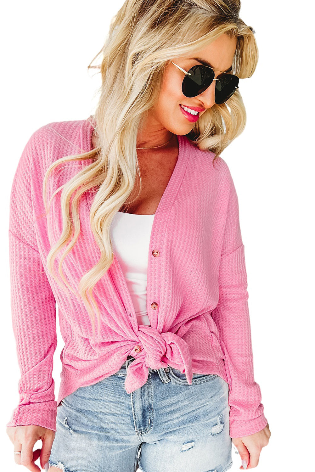 Pink Lightweight Waffle Knit Dropped Shoulder Cardigan Loungewear JT's Designer Fashion