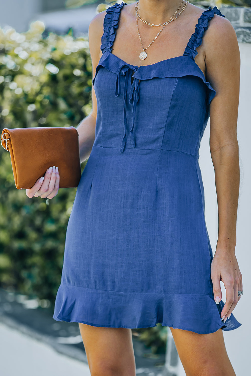 Blue Keyhole Tie Ruffled Hem Dress Mini Dresses JT's Designer Fashion
