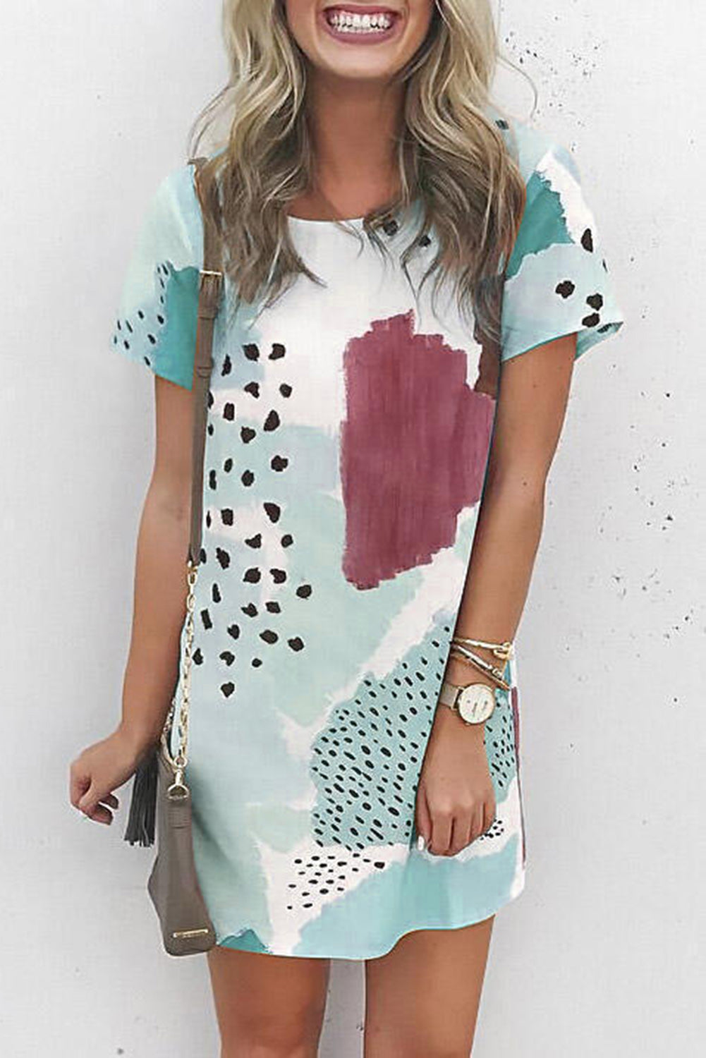 White Leopard Splicing Color Block Mini Dress T Shirt Dresses JT's Designer Fashion