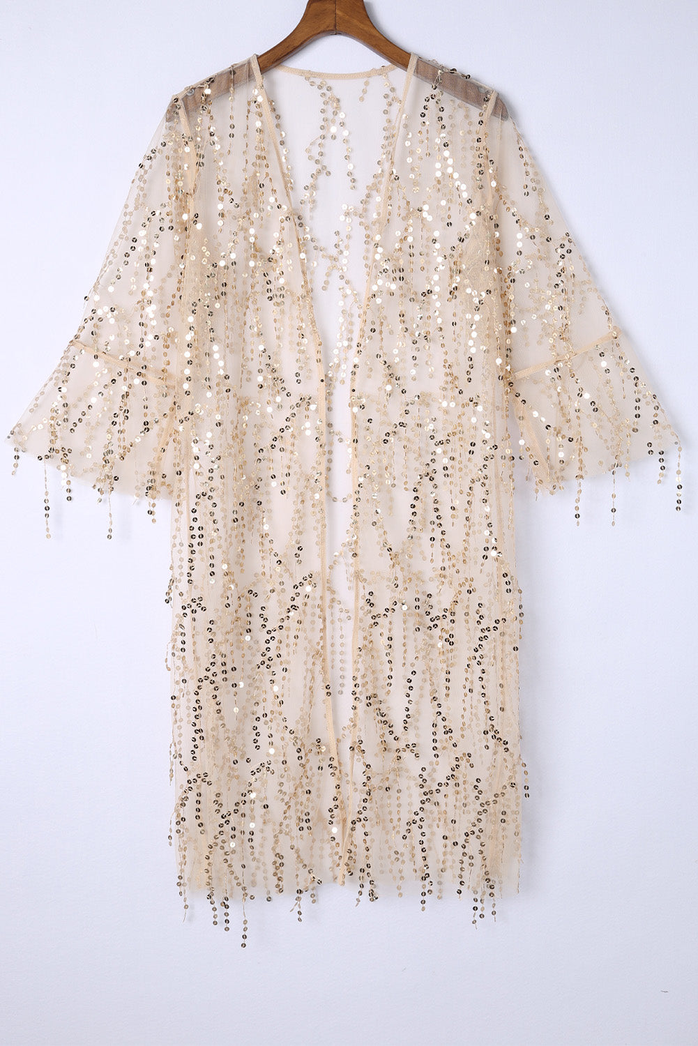 White Sequin Sheer Long Sleeve Open Front Kimono Kimonos JT's Designer Fashion
