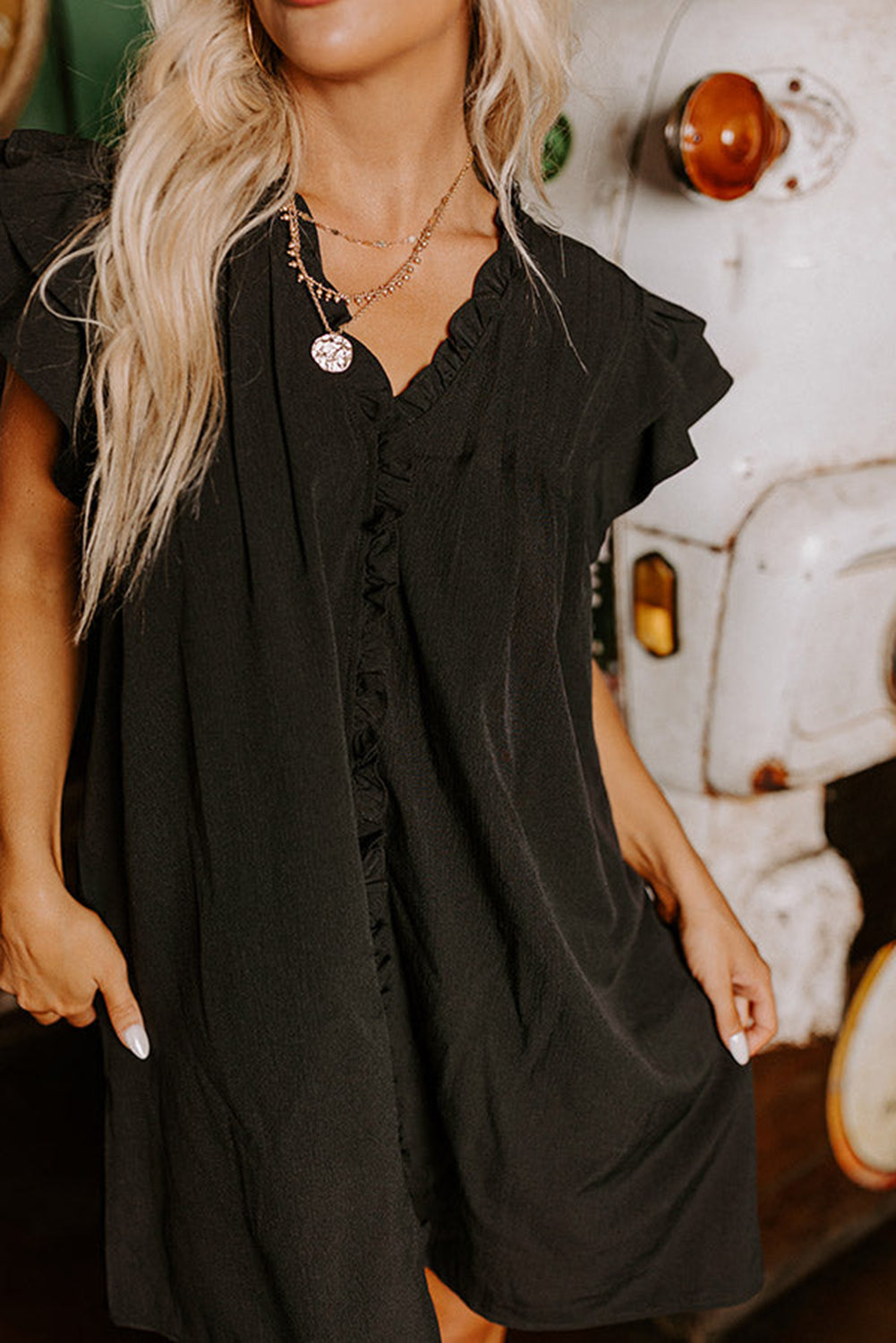 Black Ruffle Sleeve V Neck Frilled Shift Dress Pre Order Dresses JT's Designer Fashion