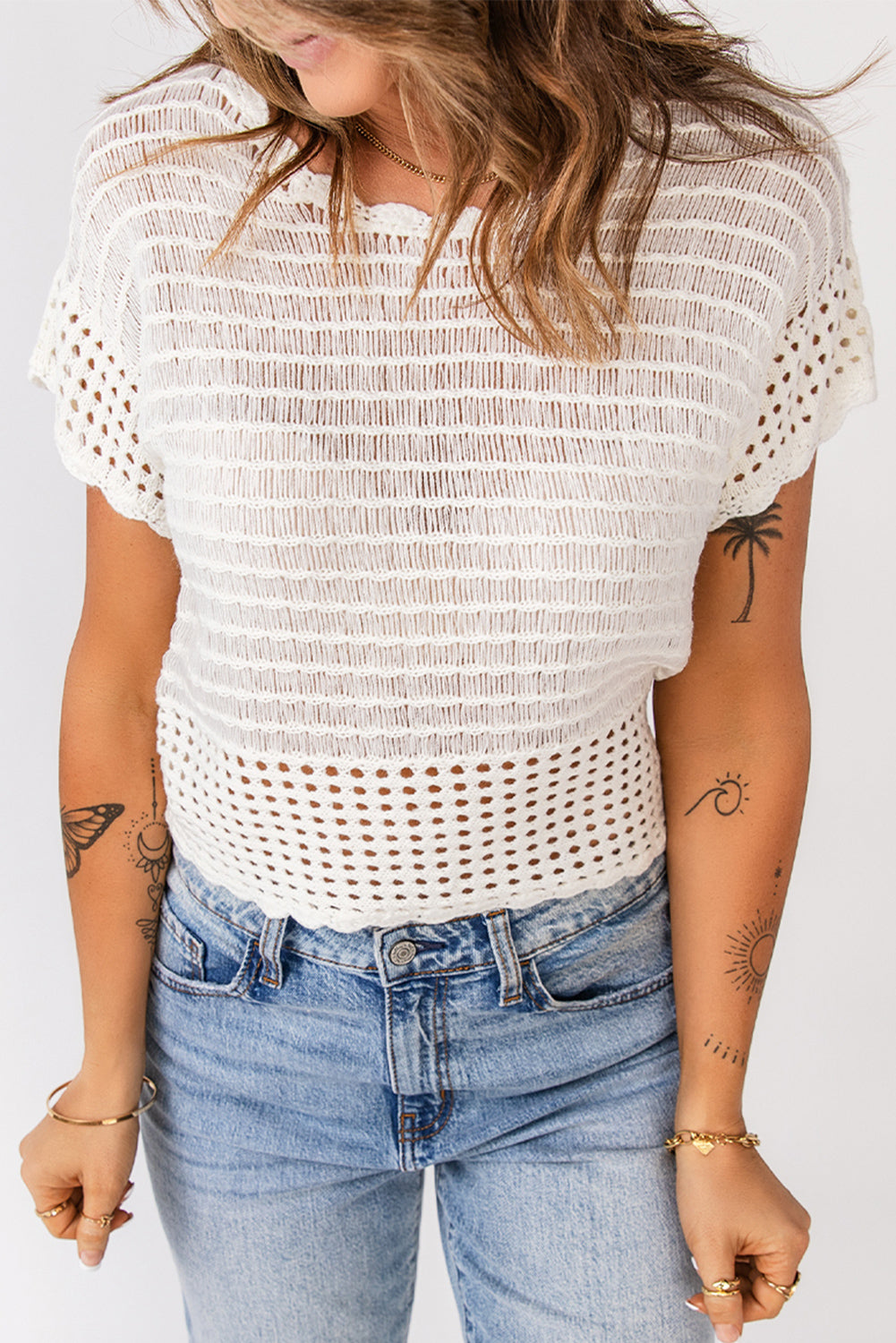 White Open Knit Hollow-out Short Sleeve Top Tops & Tees JT's Designer Fashion