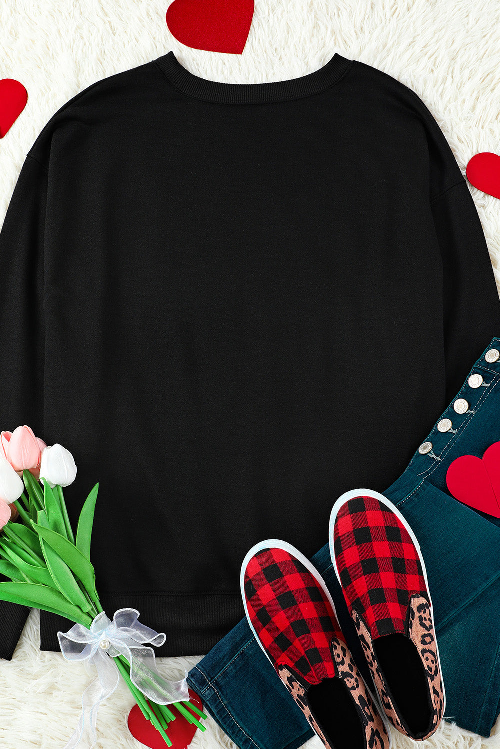Black Happy Valentine's Day Graphic Embroidered Sweatshirt Graphic Sweatshirts JT's Designer Fashion