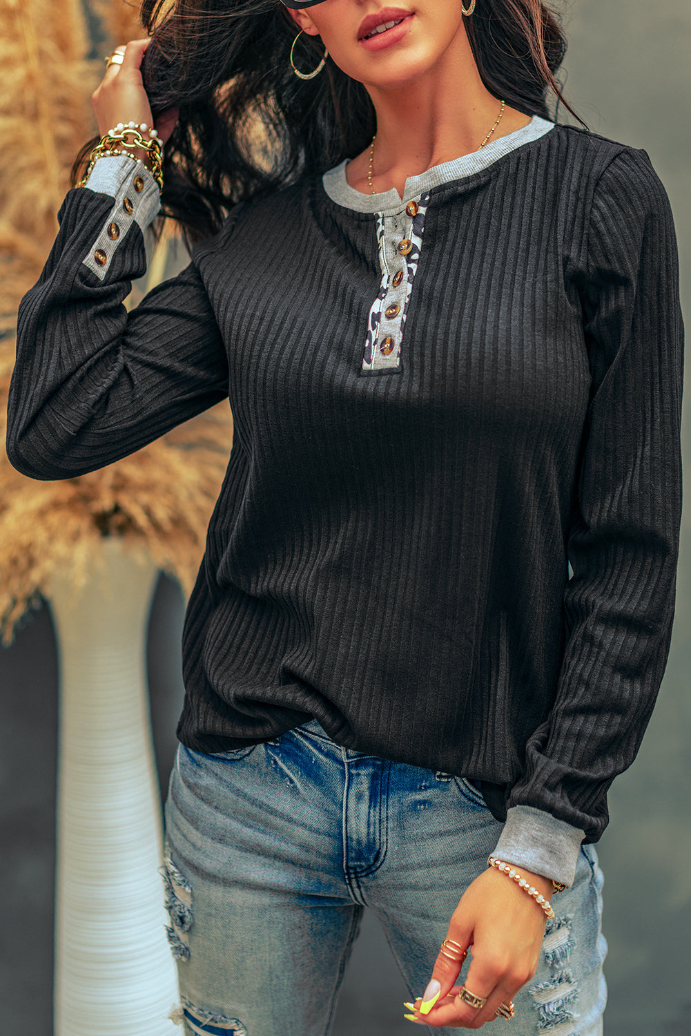 Black Contrast Neckline Ribbed Knit Henley Top Black 90%Polyester+10%Elastane Long Sleeve Tops JT's Designer Fashion