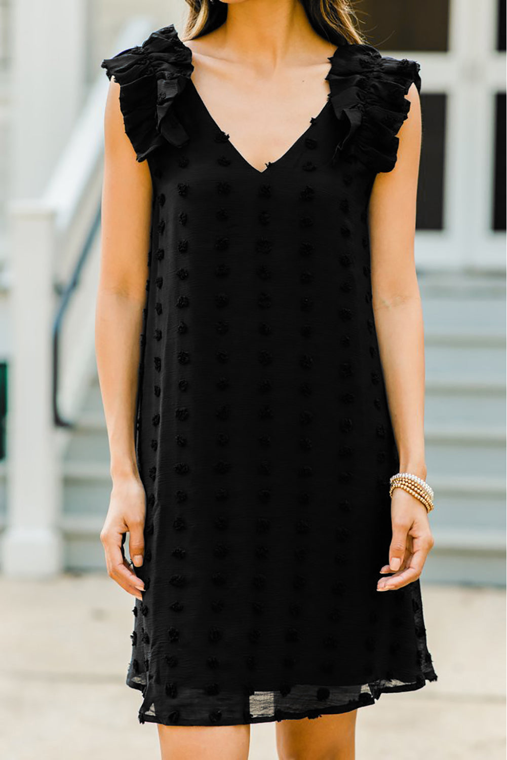 Black Swiss Dot V Neck Ruffled Sleeveless Mini Dress Mini Dresses JT's Designer Fashion