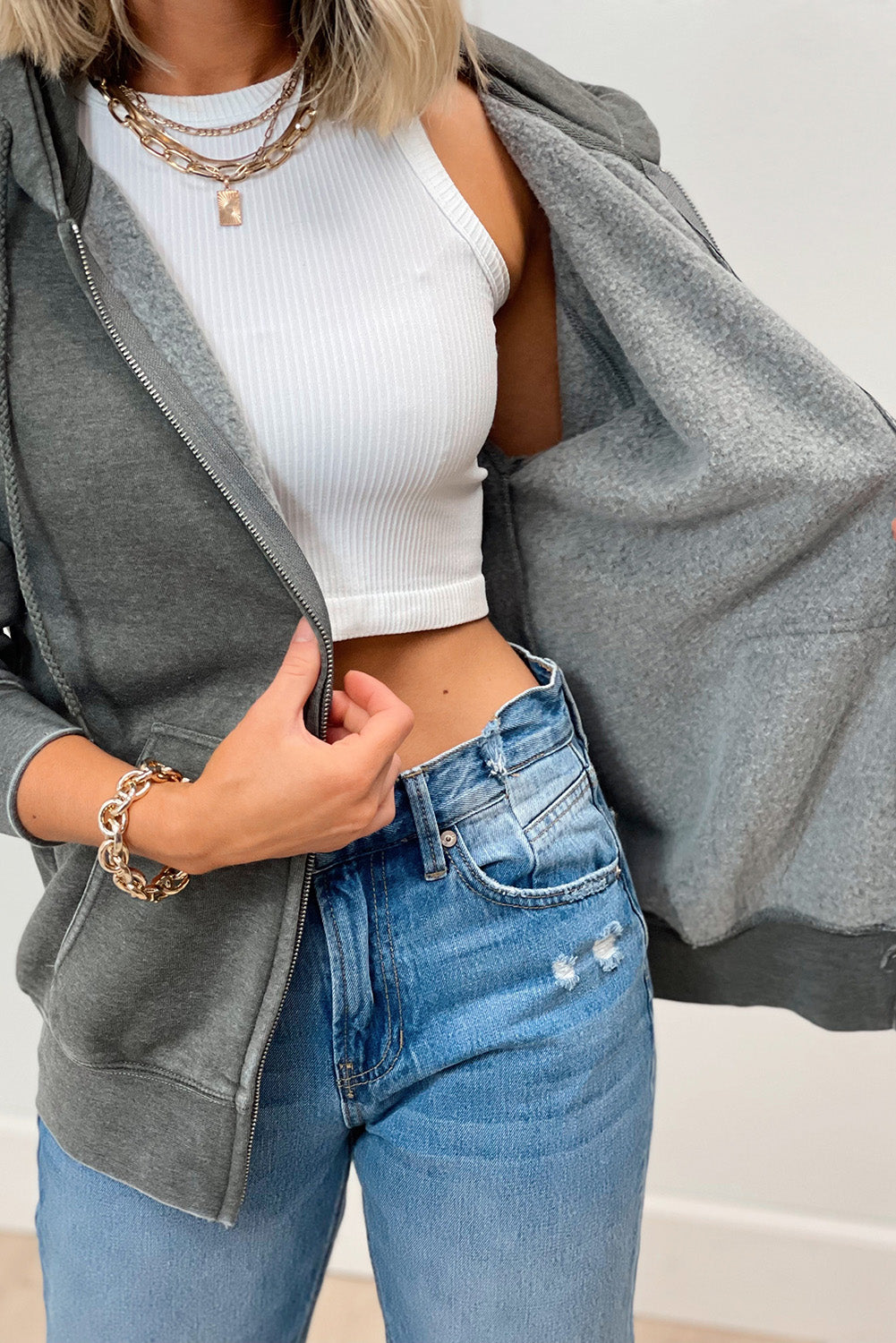 Medium Grey Solid Zip-Up Pocket Drawstring Hoodie Pre Order Sweatshirts & Hoodies JT's Designer Fashion