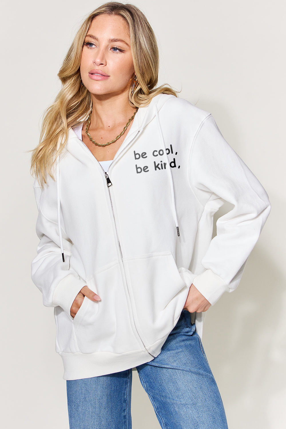 Simply Love Full Size Letter Graphic Zip Up Hoodie White Sweatshirts & Hoodies JT's Designer Fashion