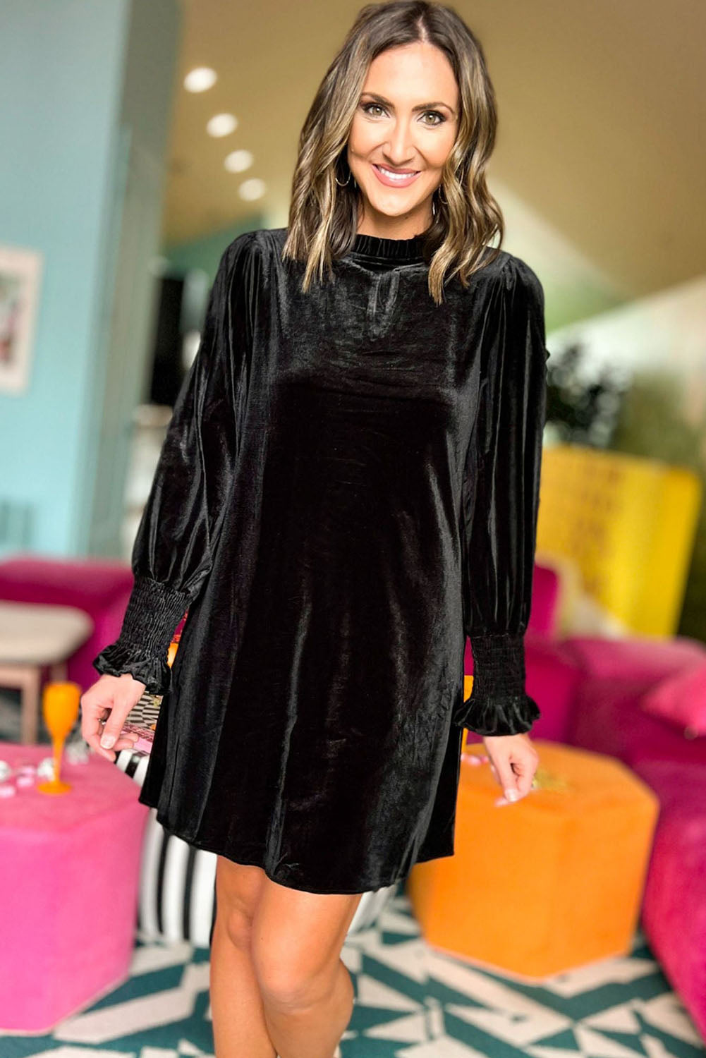 Black Velvet Frill Neck Long Sleeve Shift Dress Dresses JT's Designer Fashion