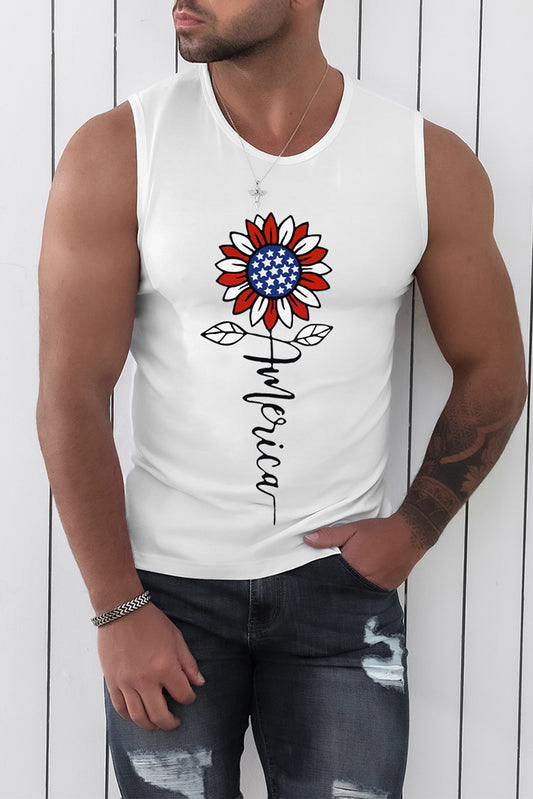 White America Flag Inspired Sunflower Graphic Mens Tank Top White 62%Polyester+32%Cotton+6%Elastane Men's Tops JT's Designer Fashion